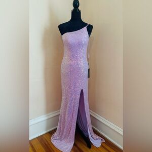 La Femme Lavender Sequin One-Shoulder Gown